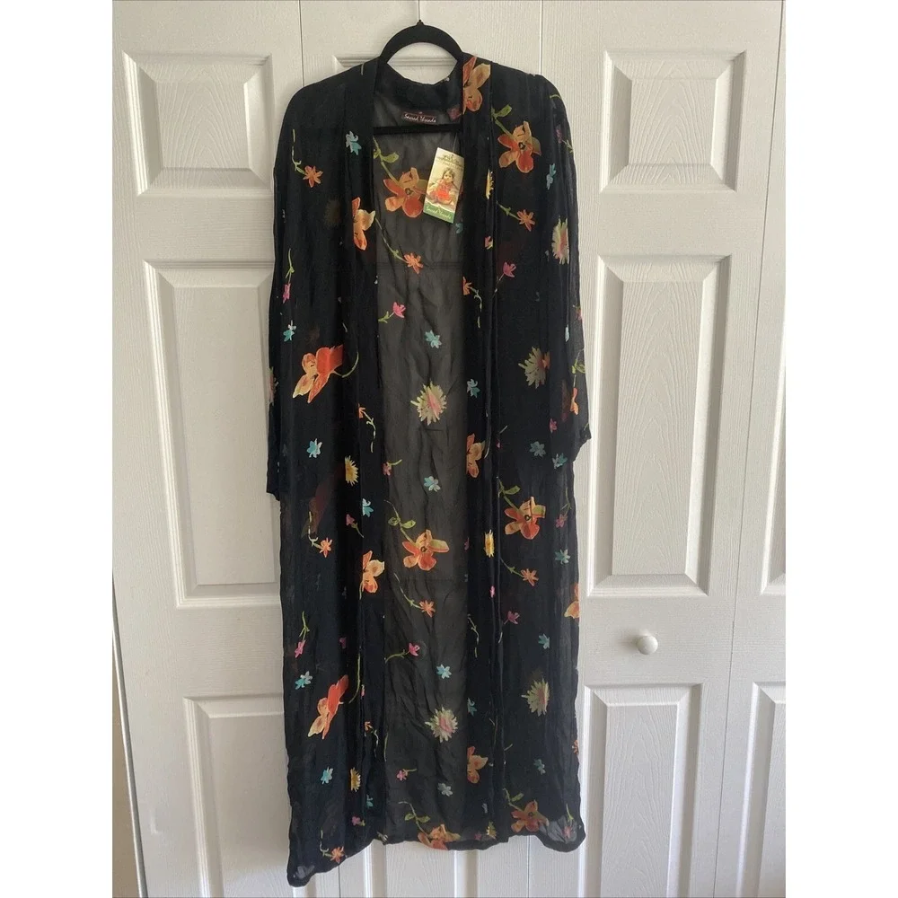 Sacred Threads Women's Vintage Black Floral Kimono Cover up Deadstock Medium - Picture 1 of 7